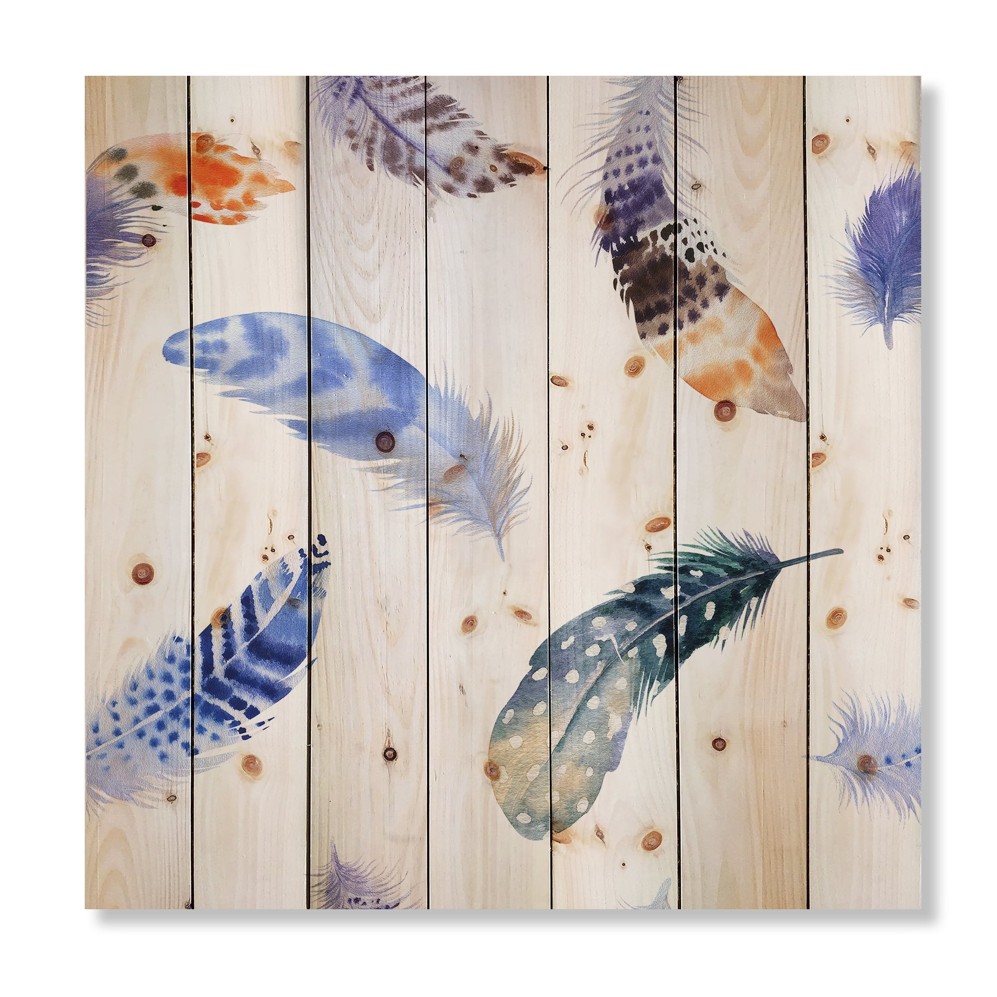 Designart 'Colourful Boho Feather Set On White VII' Bohemian & Eclectic Print on Natural Pine Wood