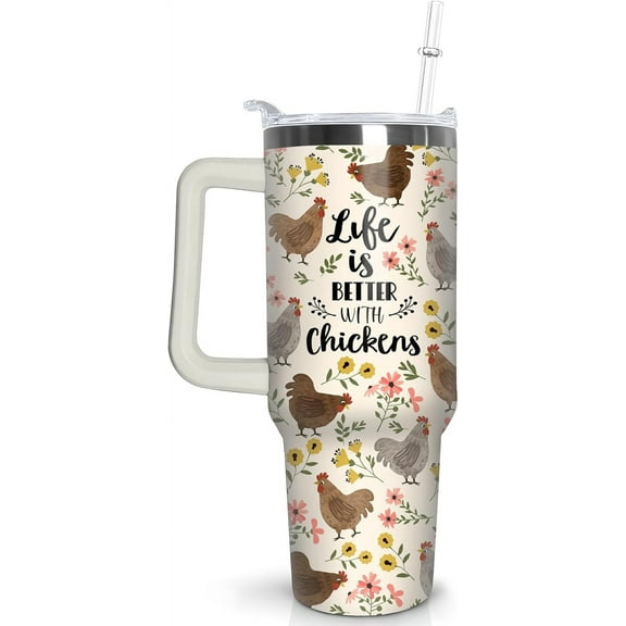 40oz Rooster Floral Stainless Steel Tumbler with Straw & Handle - Vacuum Insulated Travel Mug Water Bottle, Gift for Women