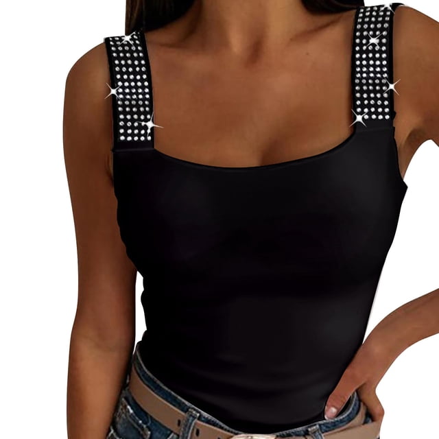 Charmgo Débardeur pour Femmes Col Carré Mode Sans Manches Ajusté Gilet Été Débardeur Décontracté Manches Courtes Tunique Tendance Noir TTG