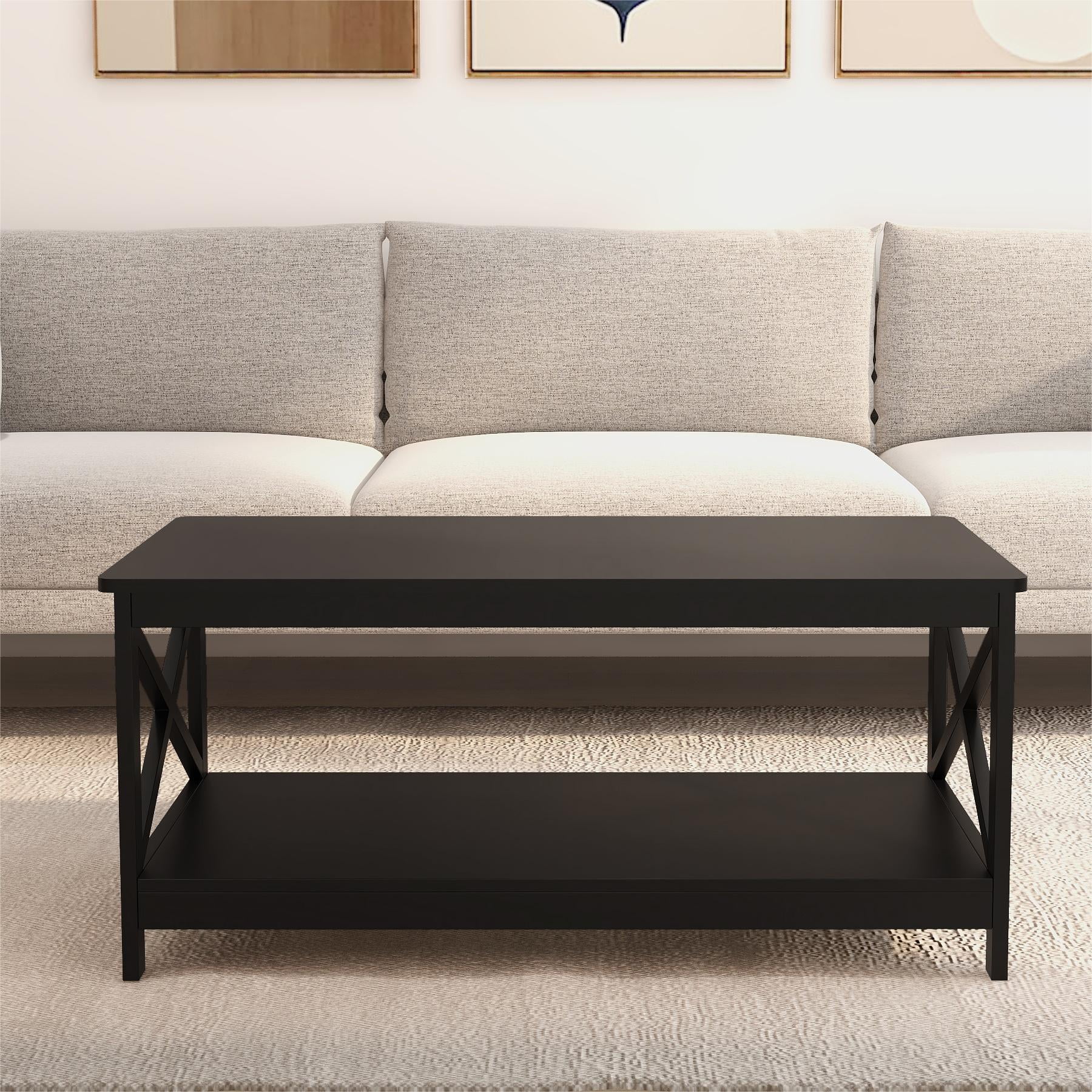 Black Coffee Table, Rustic Vintage Table with Shelf for Living