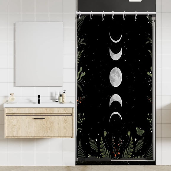 Moon Phase Shower Curtain Moonlit Goth Gothic Witch Witchy White Mysticism Celestial with Red Floral Leaves Plants Design Bathroom 36x72 Inch Polyester Fabric Waterproof 12 Pack Hooks