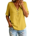 thumbnail image 4 of LIZUOJUN Women's Mid sleeve T-shirt Casual Button Down Washed Cotton LinenMiddle Length Sleeve Tops Casual Button Round Neck Loose Summer Top T Shirt,Yellow 2XL, 4 of 6