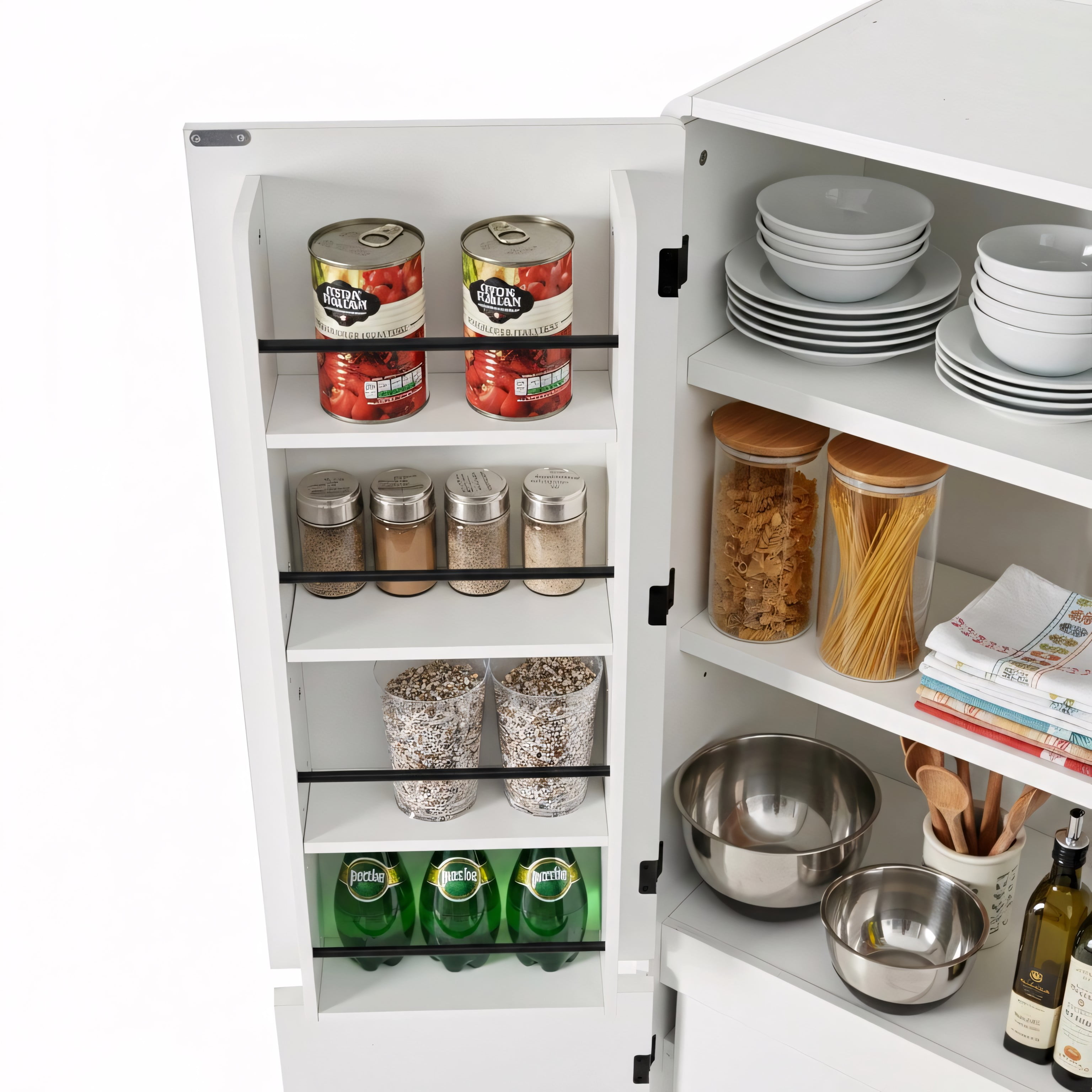 Euroco 72" Tall Farmhouse Kitchen Pantry Cabinet with 8 Door Shelves, Curved Design Storage Cabinet with 3 Adjustable Shelves, Hidden Drawer, Versatile Cupboard