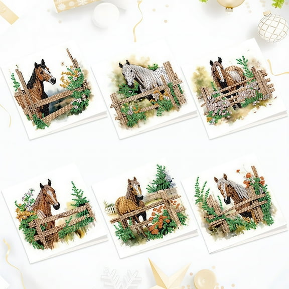 6pcs Diamond Painting Kit Greeting Card, Horse 5D DIY Diamond Handmade Holiday Greeting Card with Envelope, Christmas Gift Congratulation