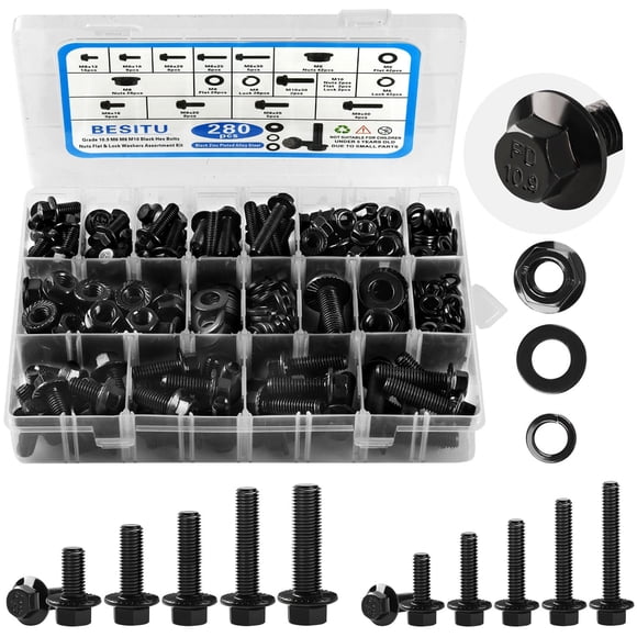Besitu Assortiment de 280 Pcs de Boulons de Bride Métrique, M6x1.0, M8x1.25, M10x1.5 (12 mm à 30 mm) Assortiment de Boulons Hexagonaux et d'Écrous Rondelles pour l'Automobile