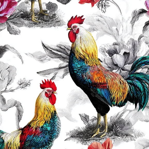 Peel and Stick Wallpaper Roosters Floral Vibrant Feathers Vintage Engraving Style Wall Mural 17.7in x 9.8ft Self Adhesive Removable Wall Paper Renter Friendly Wallpaper for Nursery Bedroom Cabinets