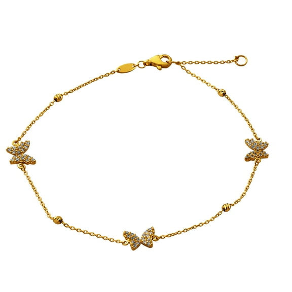 LoveBling 10K Yellow Gold .5mm Diamond Cut Beads and 3 CZ Butterfly Charm Anklet (#69)