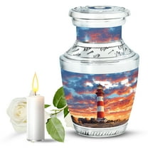 JAGASY Lighthouse Funeral Urn for Husband - Yellow Susnset Clouds Decorative Urns for Human Ashes Keepsake - Orange Small Urn for Ashes for Women - Handmade Cremation Urns for Wife - (3 Inch)