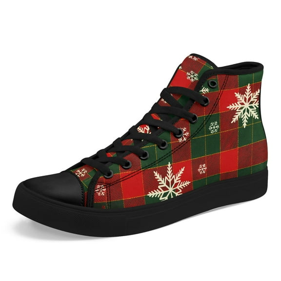 Coolcustomize Men's Plus Size High-Top Christmas Plaid & Snowflake Print Sneakers - Red & Green Tartan Holiday Shoes, Lace-Up All-Season Casual Wear for Daily Walking, Outdoor Travel & Xmas Parties