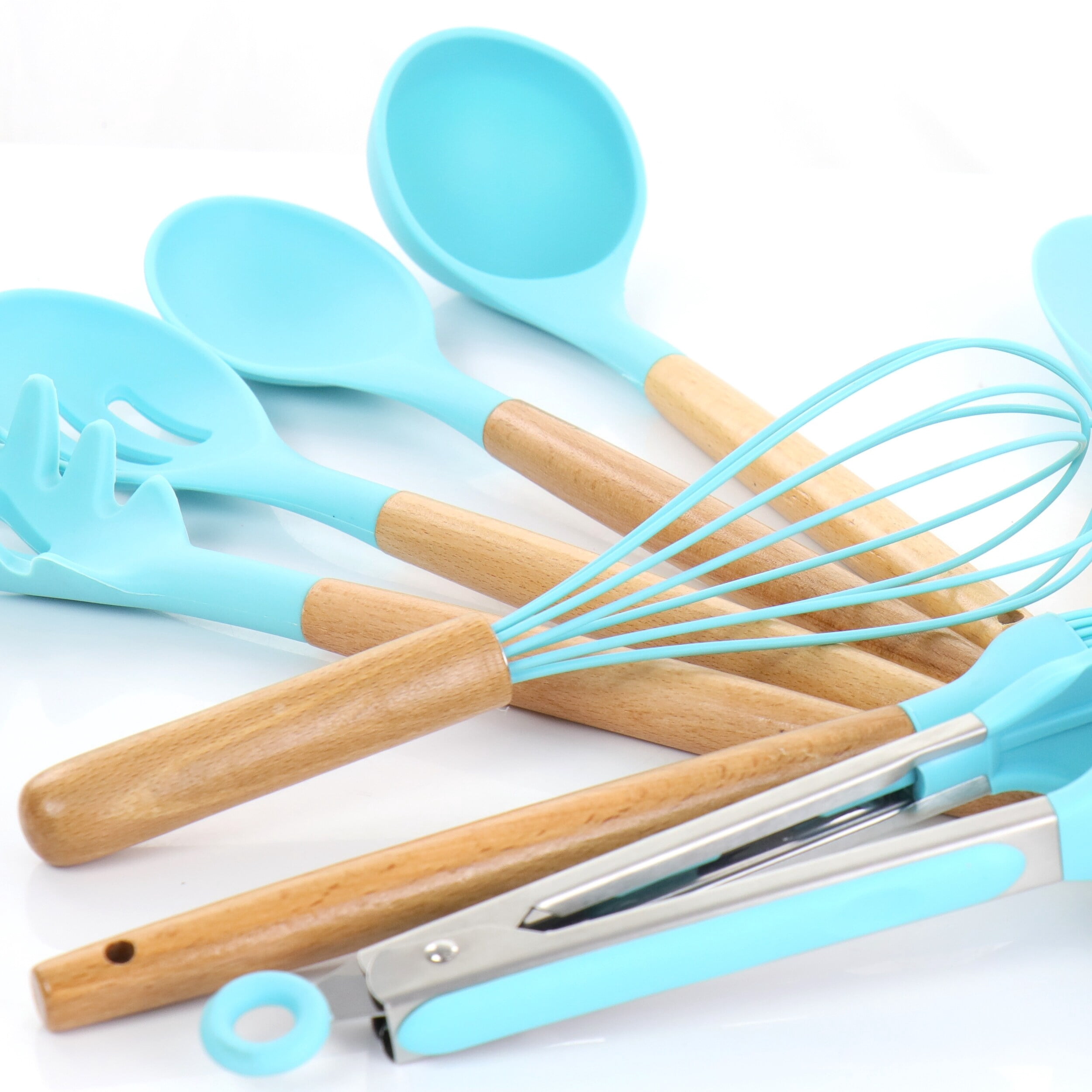 MegaChef Light Teal 12 Piece Silicone and Wood Cooking Utensils