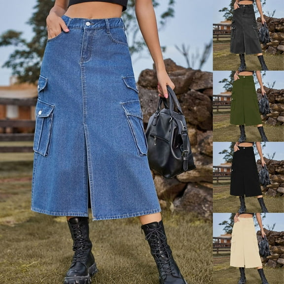 Women's Jeans Skirt High Waist A-line Casual Slim Fit Midi Skirts with Pocket Denim Skirt for Womens Spring Summer Denim Casual Wear Pocket Skirt Casual Mid Length Skirt
