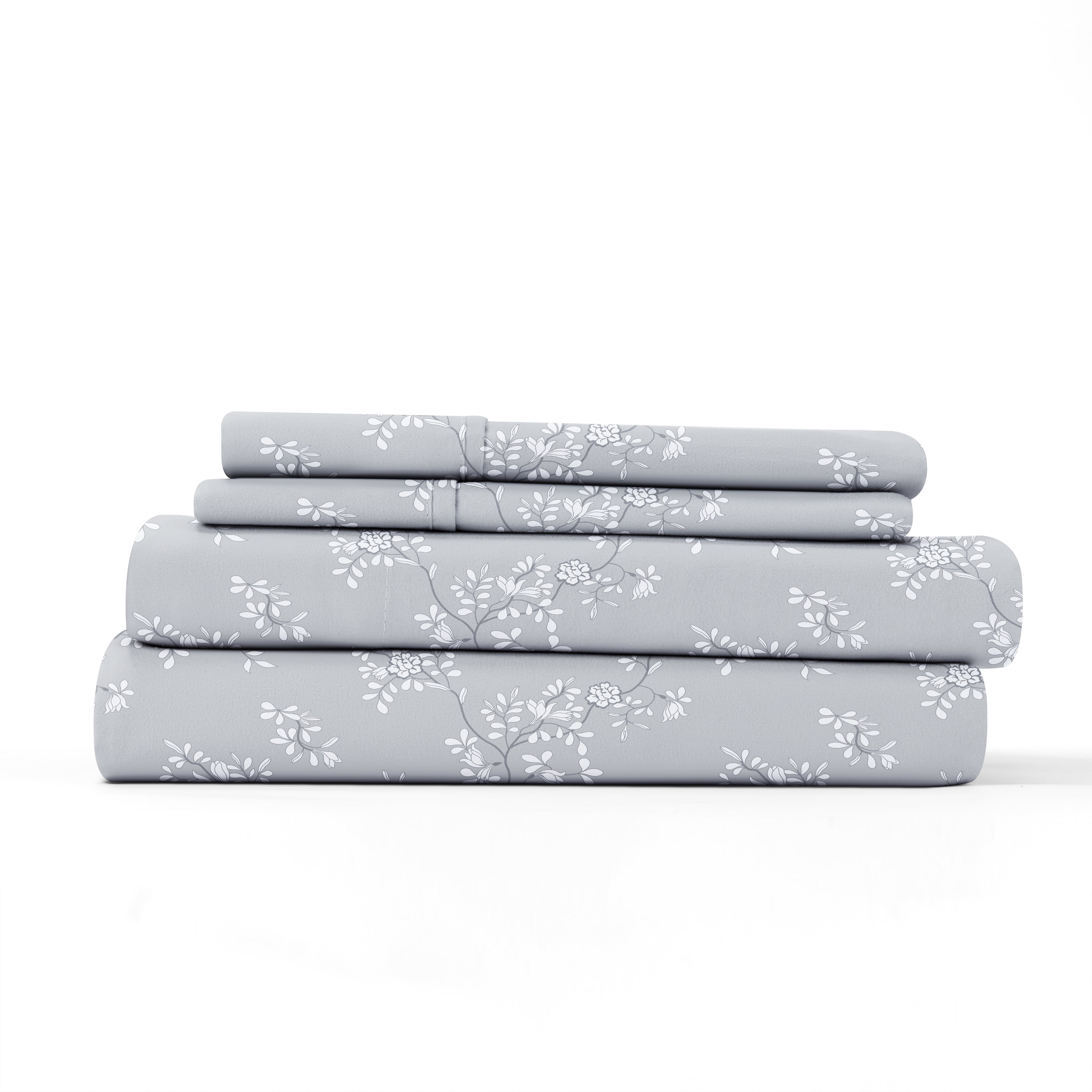 Noble Linens 4 Piece Pattern Microfiber Bed Sheets Set, Light Gray Trellis Vine, California King