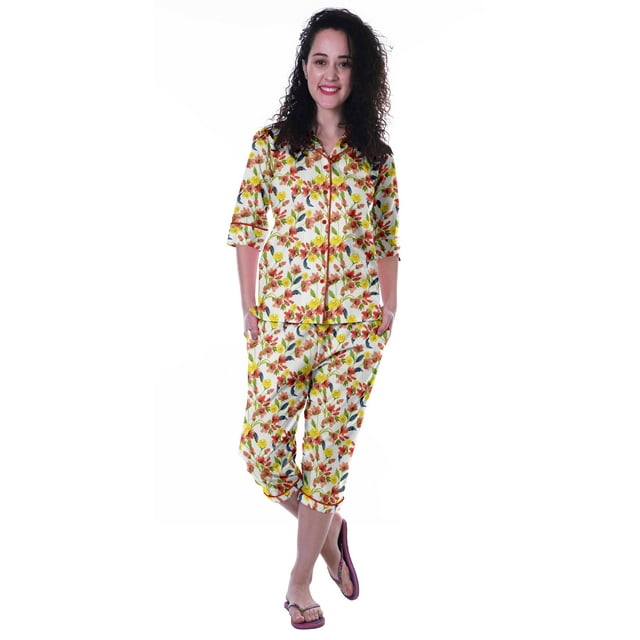 Moomaya Chemise en Coton Imprimé à Manches 3/4 avec Capri Ensemble de Nuit 2 Pcs Vêtements de Nuit pour Femmes