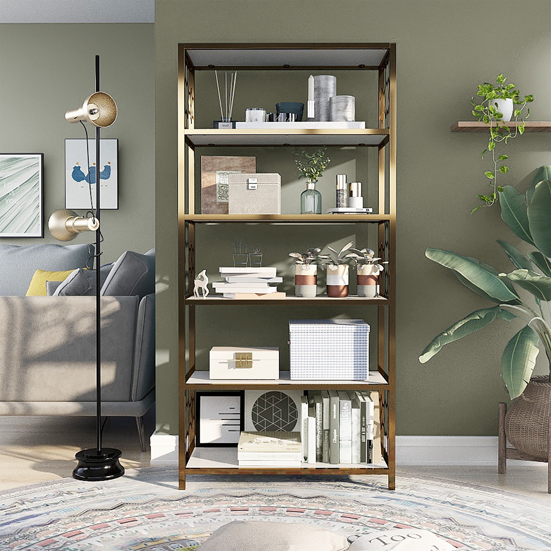 Furniture of America Baugh Metal 5-Shelf Bookcase, Gold