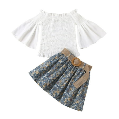 

Chaoren Tops Flared Sleeve Pleated Children Girls Solid Color Tops Floral Print Skirt Set for Hiking
