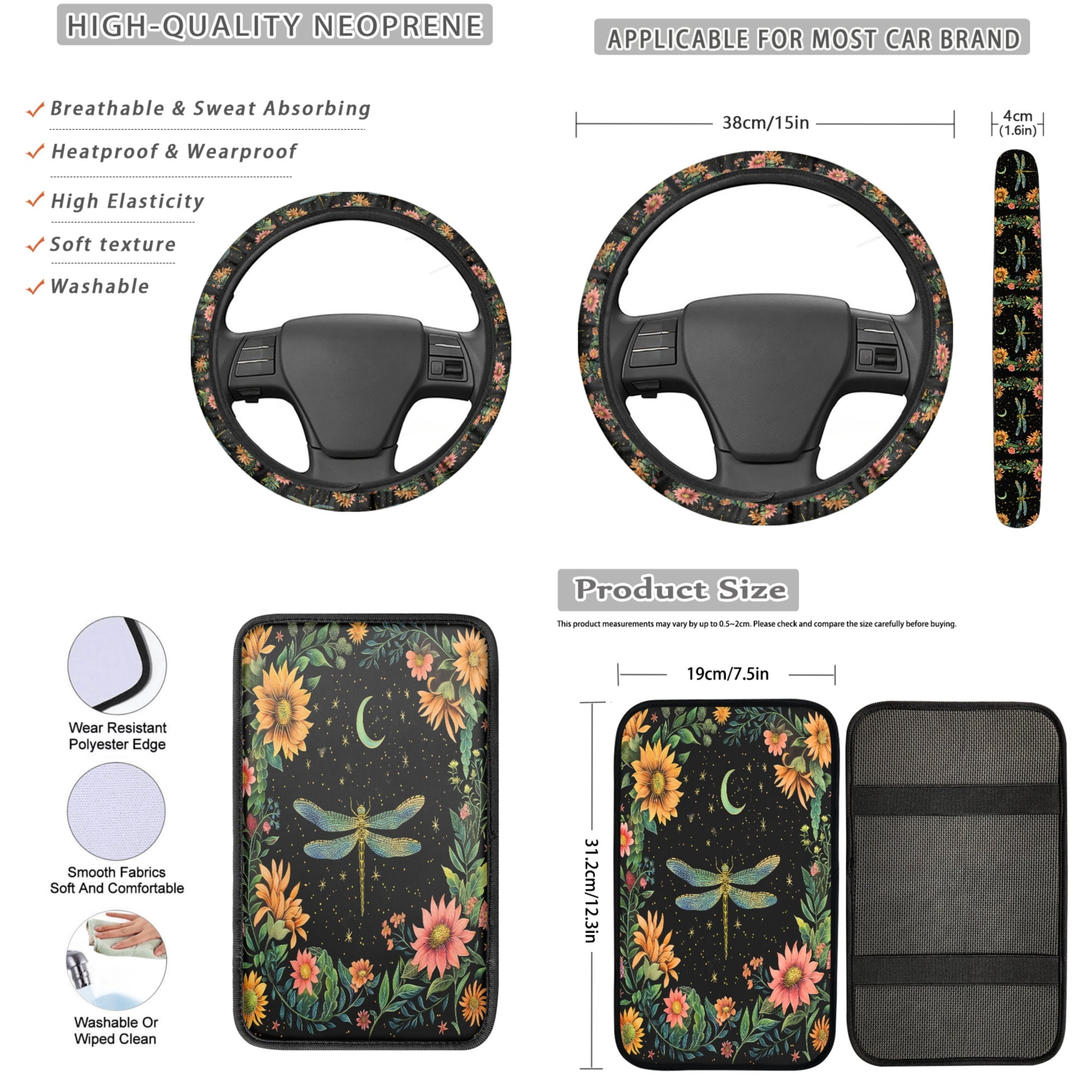 Jeiento Dragonfly 13 Pcs Car Seat Cover Full Set Automotive Interior Accessories with Flower Steering Wheel Cover, Seat Belt Pad, Armrest Covers, Coasters Universal Fits Most Vehicles