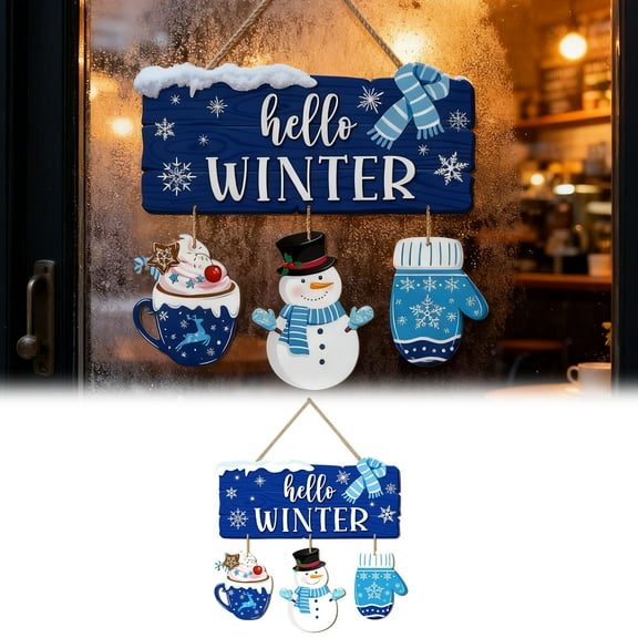 Christmas Decorations Hello Winter Door Sign Winter Welcome Wooden Hanging Sign Snowman Xmas Wall Blue Scarf Snowflakes Winter Wreath Ornament For Holiday Indoor Outdoor