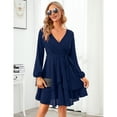 thumbnail image 2 of Womens Skater Dresses Sexy V Neck Short Sleeve Tie Waist Solid Ruffle Boho Flowy Swing Mini Dress, 2 of 5