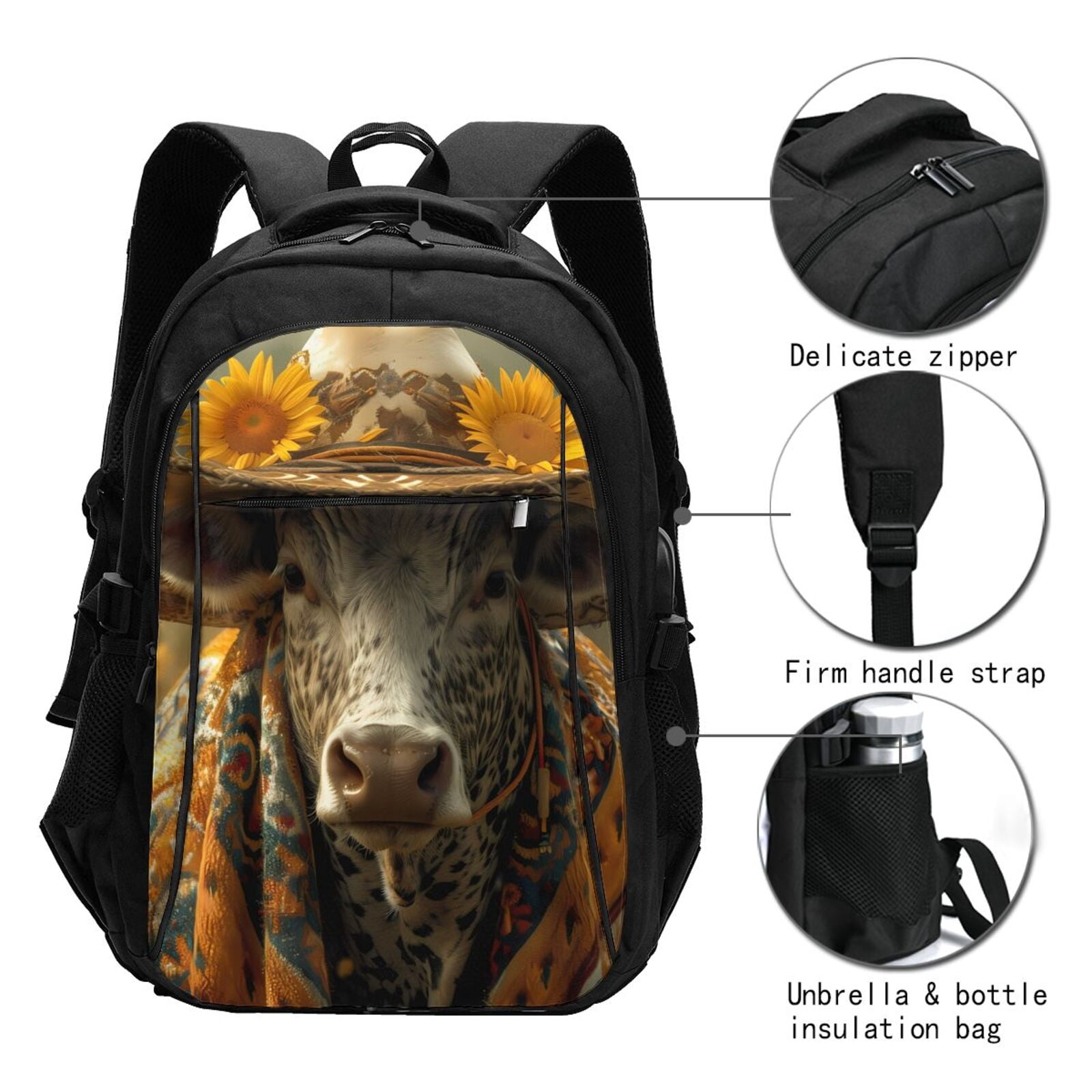 Vsdgher Sunflower Cowboy Hat Cow Print Travel Laptop Backpack, Laptops Backpack with USB Charging Port, Water Resistant Computer Bag Gift for Men & Women
