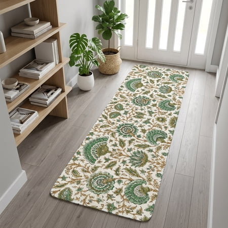 Green Floral Washable Runner Rug 1.4x4 ft Bohemian Country Rustic Farmhouse Botanical Flower Leaf Non-Slip Hallway Runner Rug Kitchen Runner Mats Indoor Floor Carpet for Entryway Bathroom