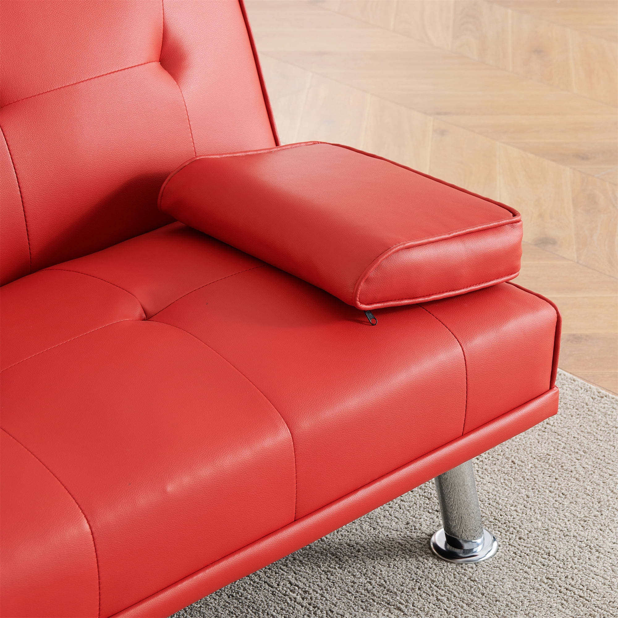 Aukfa Leather Futon Convertible Sofa Bed with 2 Cup Holders&Pillows, Twin Size, Red
