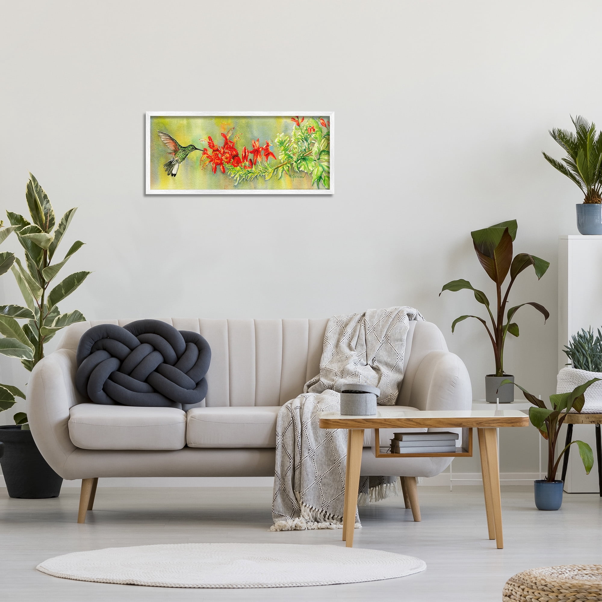 Stupell Industries Hummingbird & Red Lilies Animals & Insects Painting White Framed Art Print Wall Art, 30 x 13