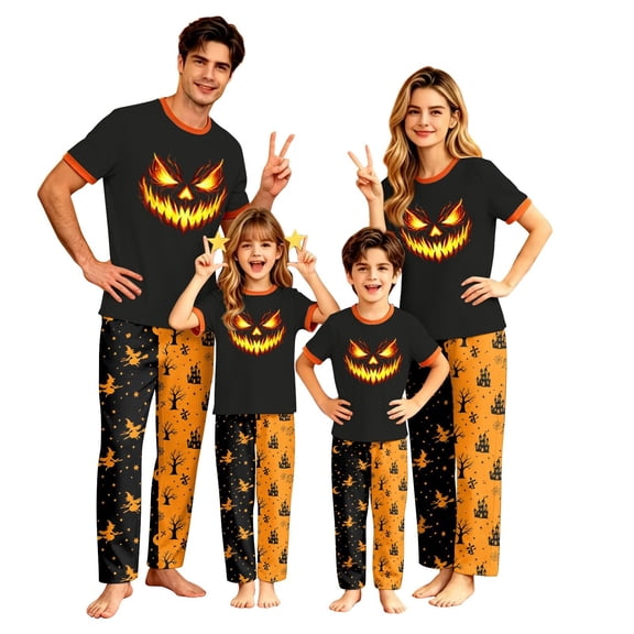 Matching Halloween Pajamas Set for Whole Family, Breathable Long Sleeve Halloween Family Pajamas with Flame Jack-o'-lantern Print, Fun Family Halloween Pajama Set Party