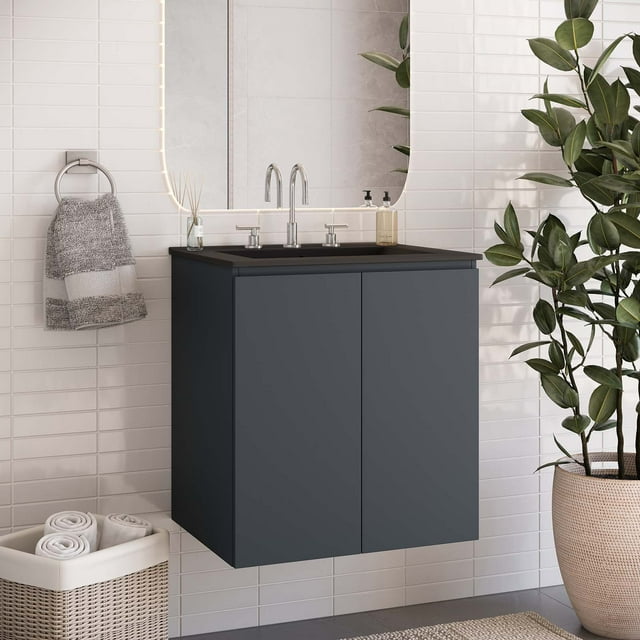 Modway Bryn Meuble-Lavabo de Salle de Bain Mural 24 Pouces Gris Noir