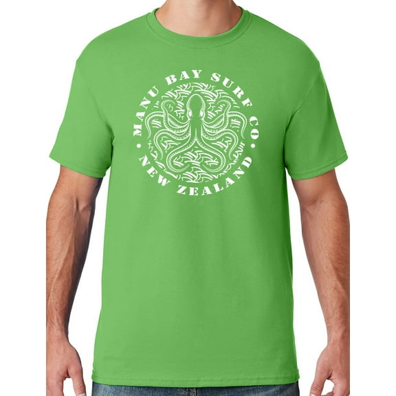 Mens Manu Bay Surf Company WHITE OCTOPUS T-shirt, XL Kiwi Green