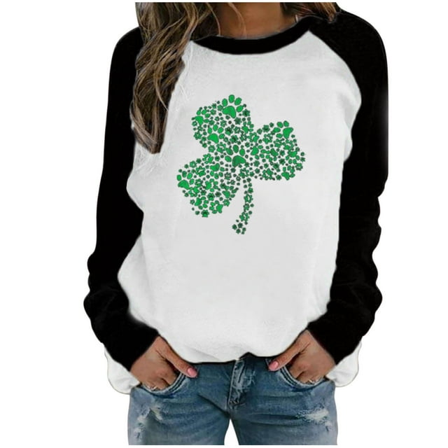 CEHVOM T-Shirt Décontracté à Manches Longues et Col Rond pour Femmes, Imprimé Patchwork de Printemps pour la Saint-Patrick