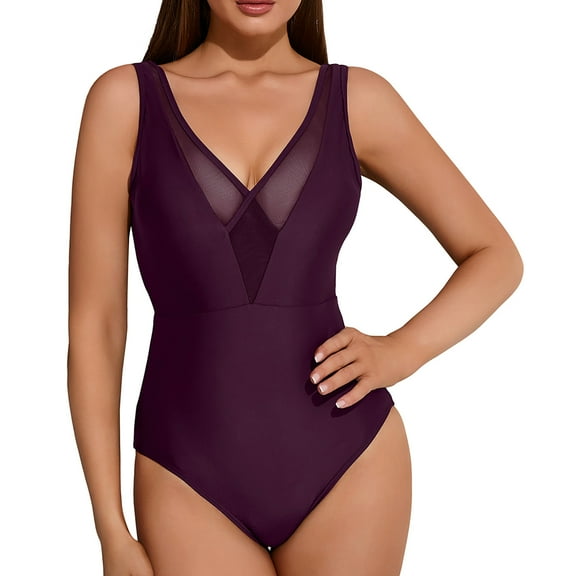 Women Mesh Spandex Swimsuits One Piece Fashion Open Back V-neck Beach Bathing Suit Summer Swimming Swimwear (X-Large, Purple)