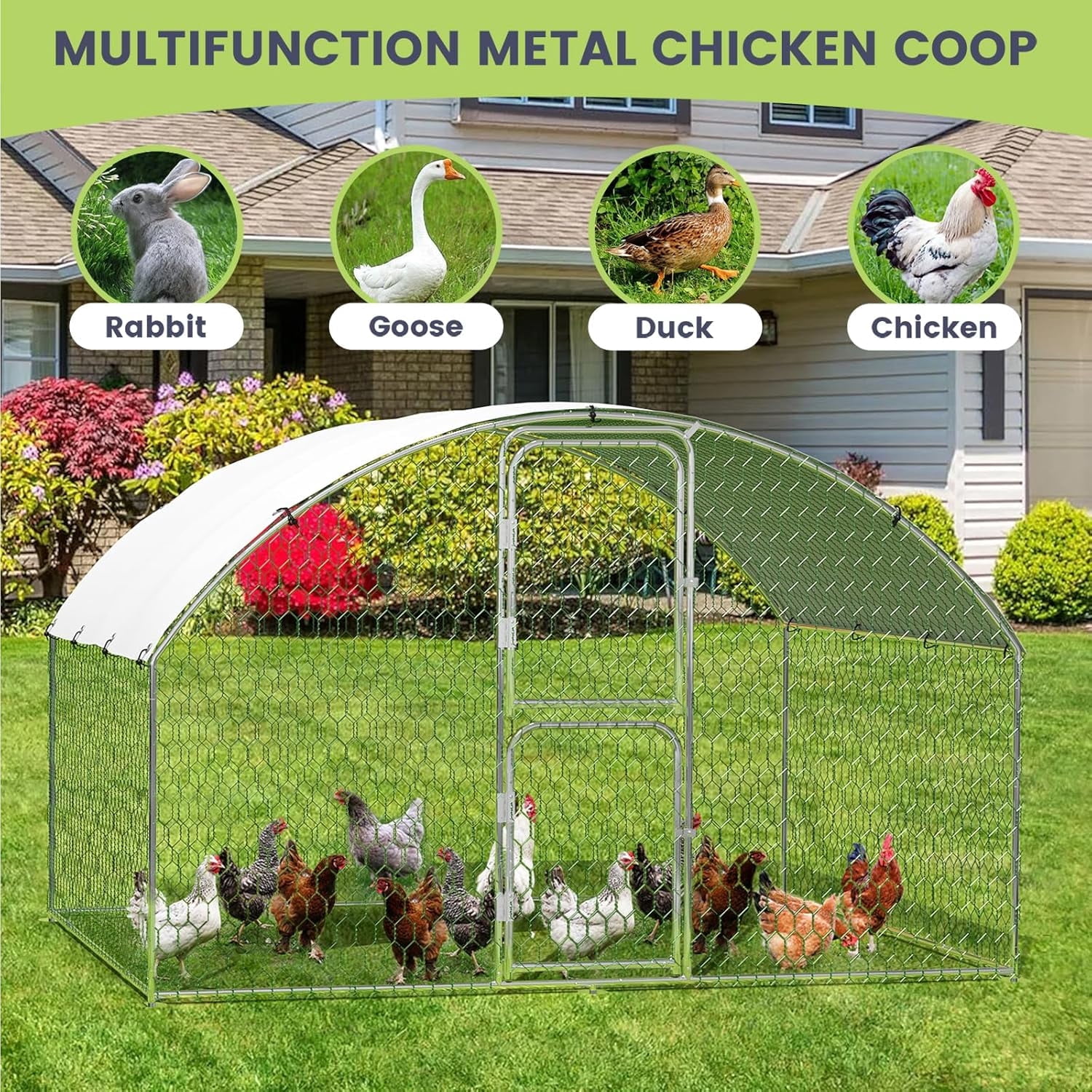 Lumiparty Metal Chicken Coop, Walking Poultry Cage Hen Run House Rabbits Habitat Cage Coops, with Waterproof and Anti-Ultraviolet Cover for Backyard Farm, Silver