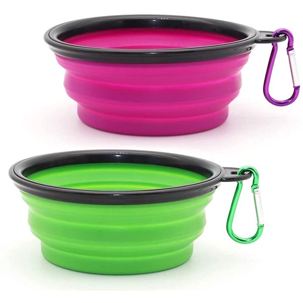 Juego de 2 comederos portátiles plegables para perros y gatos, ideales para viajes (350 ml, morado y verde).