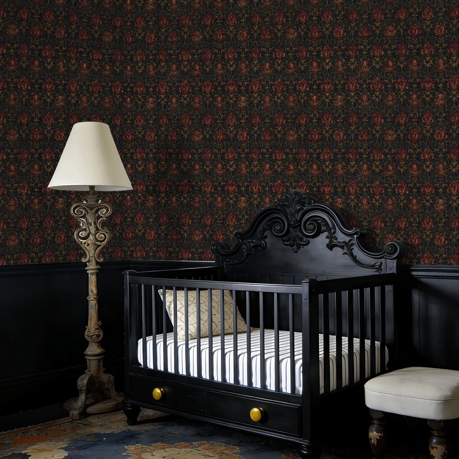 Peel and Stick Wallpaper Elegant Vintage Floral Damask Red Gold Accents Black Wall Mural 17.7in x 9.8ft Self Adhesive Removable Wall Paper Renter Friendly Wallpaper for Nursery Bedroom Cabinets