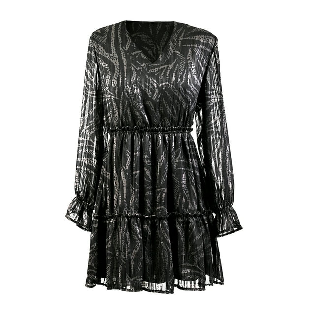Vestido George para Dama, Escote V, con Paneles, Manga Larga Print Negro Talla M