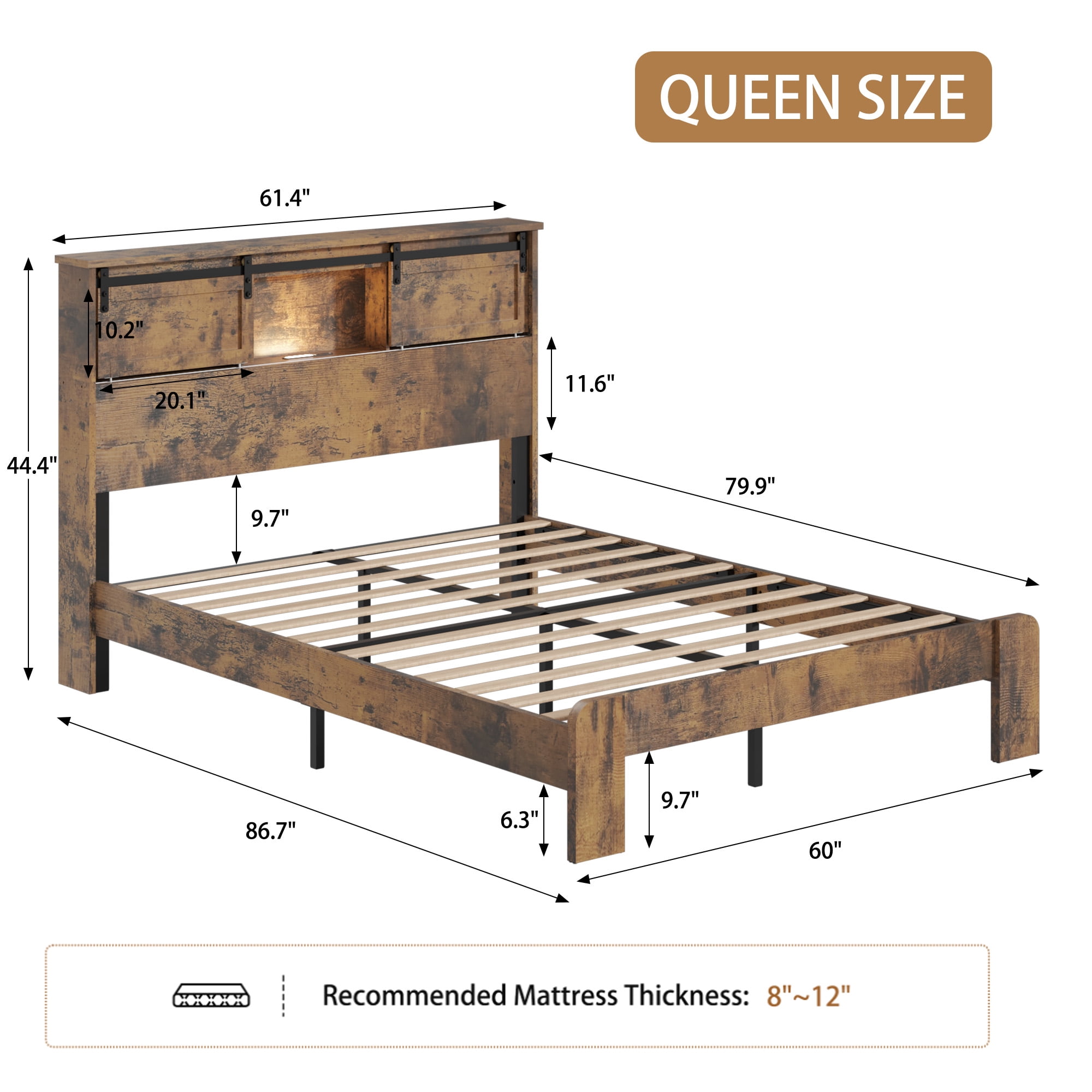 BSHTI Queen Wood Metal Platform Bed Frame with 2-Tier Storage Headboard, LED Light, USB Charging, No Box Spring Needed for Bedroom（Dark Brown）
