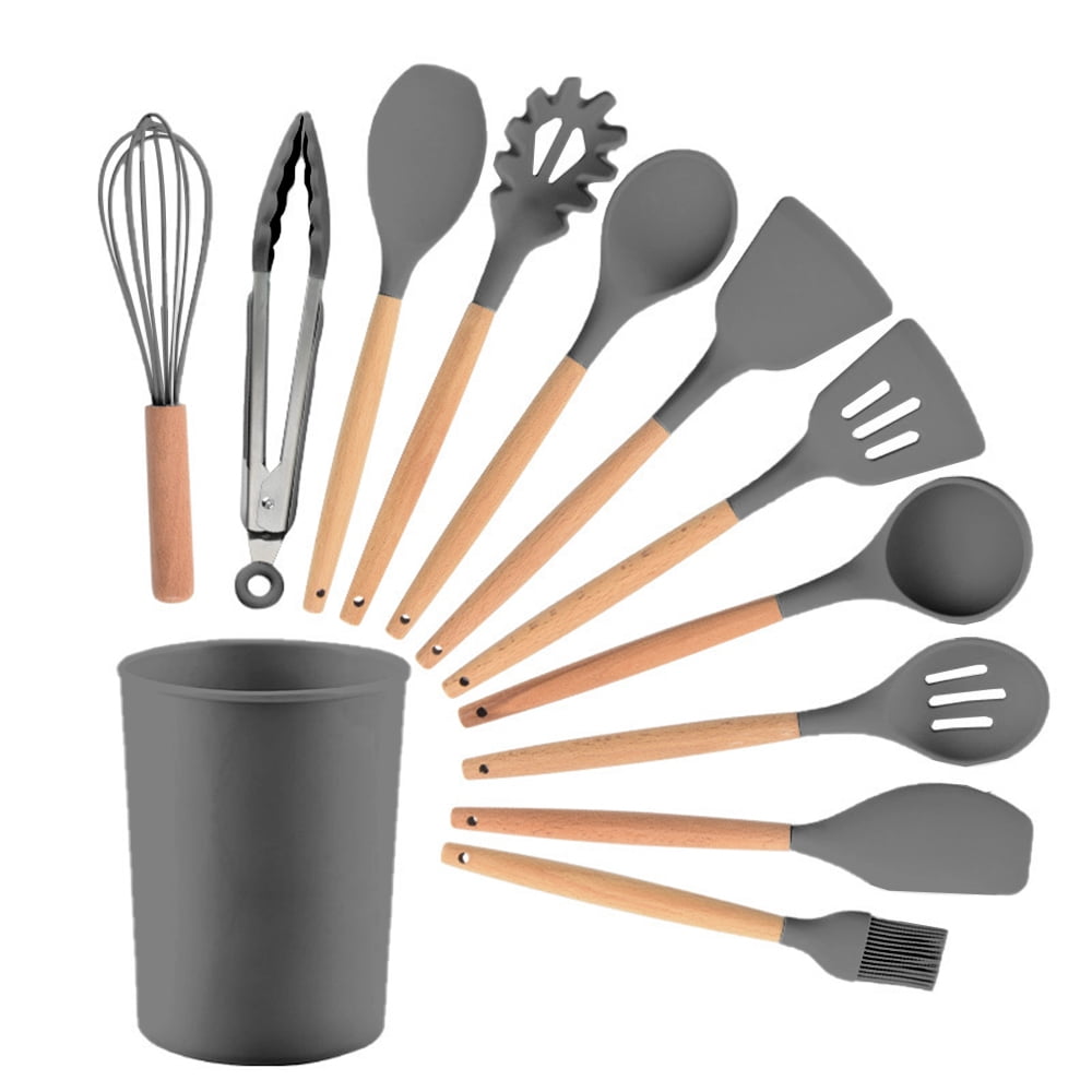 Clearance! 12 Pcs Silicone Cooking Utensils Kitchen Utensil Set - 446°F  Heat Resistant,Turner Tongs,Spatula,Spoon,Brush,Whisk. Wooden Handles Gray