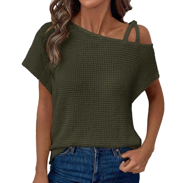 Top de manga corta de punto con hombros descubiertos para mujer - Blusa informal ligera - Conjunto de verano de color liso - S-XXL