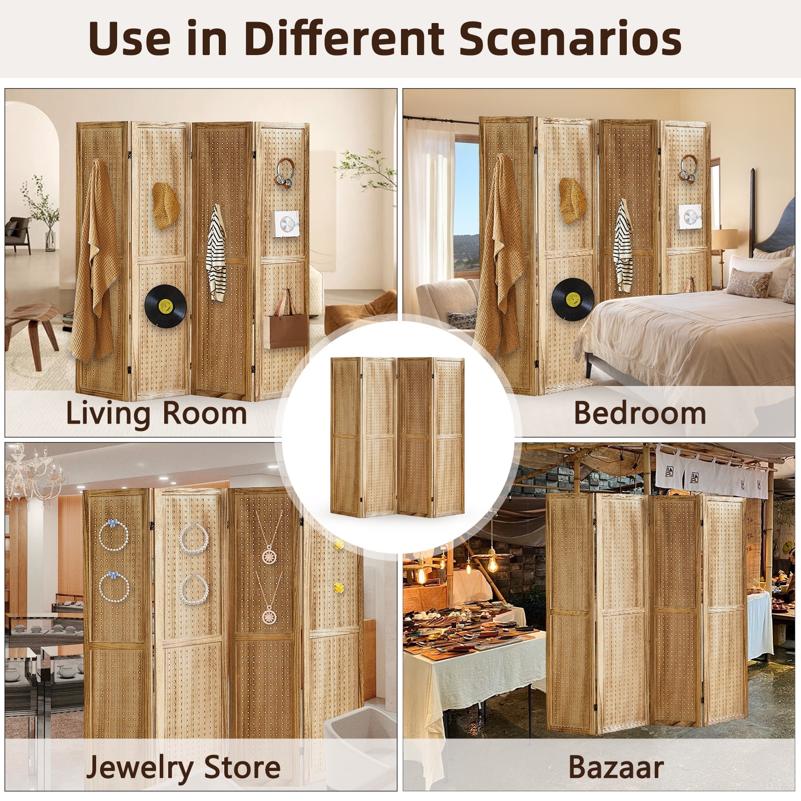 Aletheiawu 4 Panel Display with 16 Hooks, Wood Room Divider Wall, No Installation, Light Brown