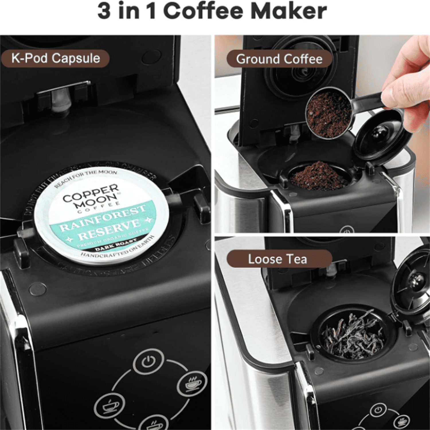 Coffee Maker 3 in 1 Single Serve Coffee Machine, Compatible with K cup Capsules, Instant Coffee Pot, Tea maker, 6,8,10 Oz Cup, Removable 50 Oz Water Reservoir, 120V 1150W