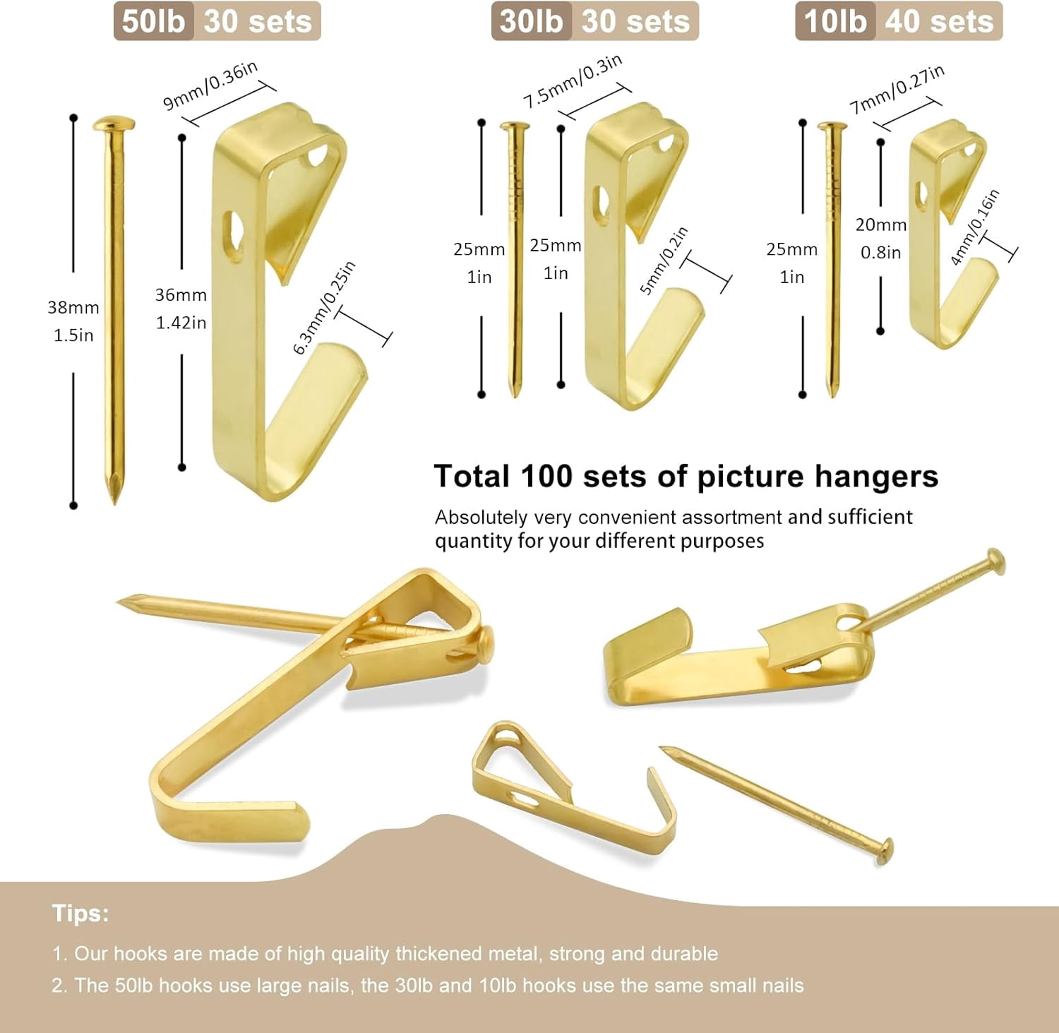 200 Pieces Picture Hangers, 3 Sizes Picture Hanging Kit Including 10lb/30lb/50lb Picture Hanging H s, Heavy Duty Picture H s with Nails for Drywall Wooden Wall (Gold)