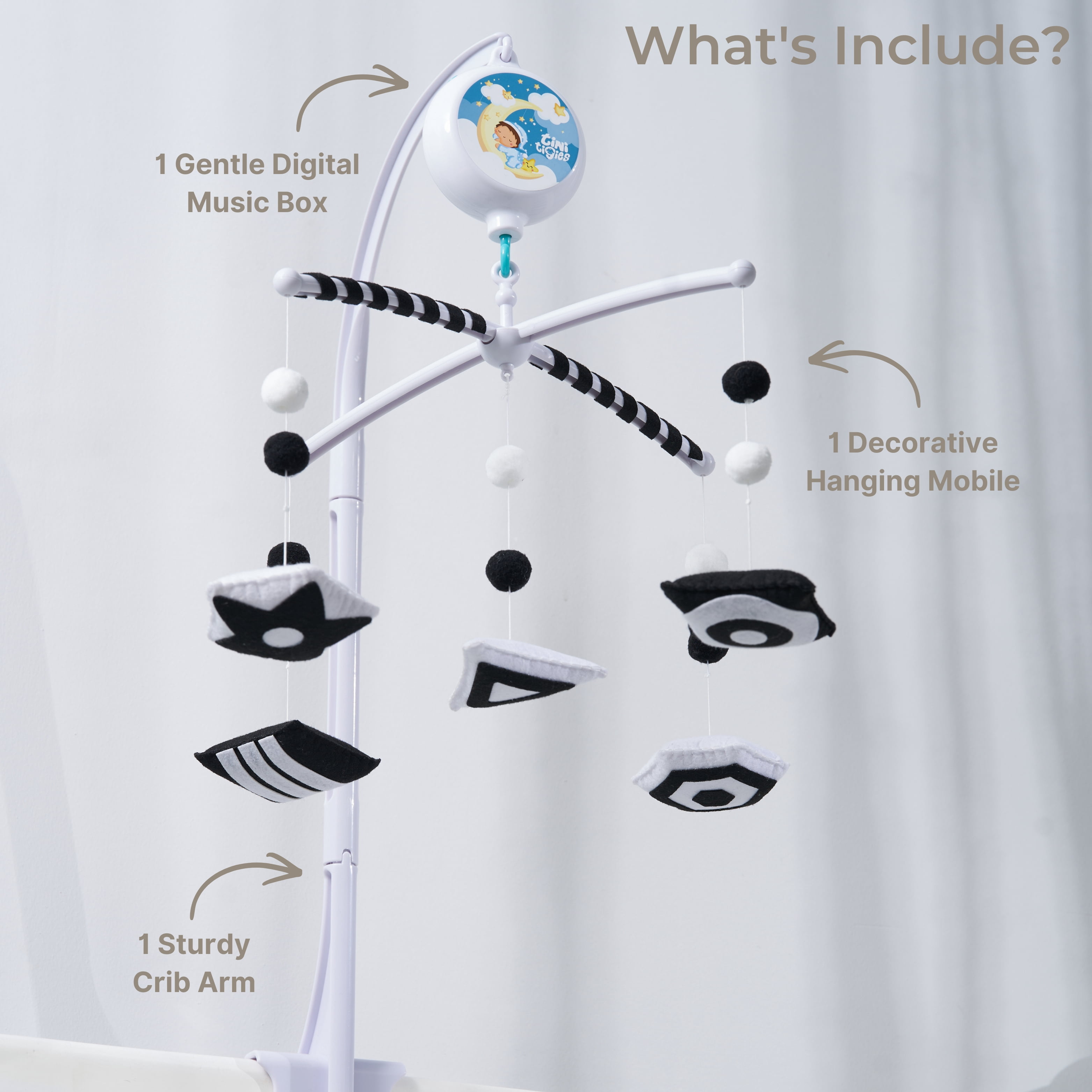 TINITIGIES Montessori Baby Mobile for Crib – High Contrast Black & White Newborn Mobile with Digital Music Box, Visual Stimulation for 0–5 Months, Fits Standard Cribs