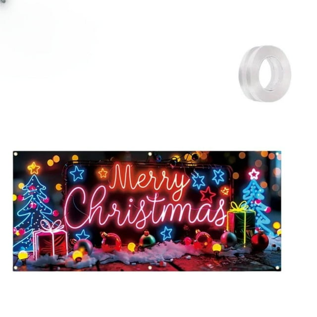 Feltree Christmas Fluorescent Garage Door Cover Heavy-Duty PVC Barrier with Streamer Rope for Holiday Decor and Weather Protection