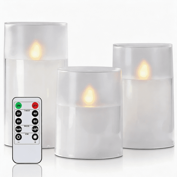 Homemory Realistic Flickering Flameless Candles with Dancing Flame, LED Candles, Battery Operated Candles with Remote and Timers, Frosted Acrylic, Outdoor Waterproof, White, Set of 3