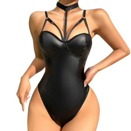 RUTAYY Lingerie For Women 1 PC Leather Teddy Bodysuit Lingerie Hollow Off Shoulder Conjoined PU Lace Up Garter Teddy Bodysuit Lingerie Home Intimates Breathable