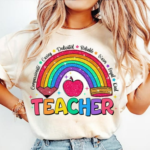 Teacher Rainbow Pencil T-Shirt, Teach Love Inspire Graphic Tee, Faux Sequin Appreciation Shirt, Cute Back to School Teacher T-Shirt