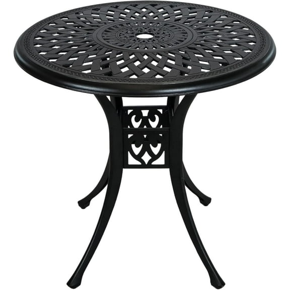 30.3 Inch Round Patio Table Cast Aluminum Patio Table,Metal Patio Dining Table with Umbrella Hole,All Weather Outdoor Bistro Dining Table for Backyard, Garden, Balcony, Black