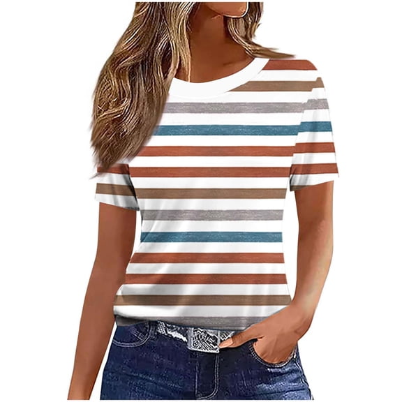 Women's Summer Tops 2025 Crew Neck Short Sleeve Loose Fit Casual Blouses Trendy Printed Tees Dressy for Seniors