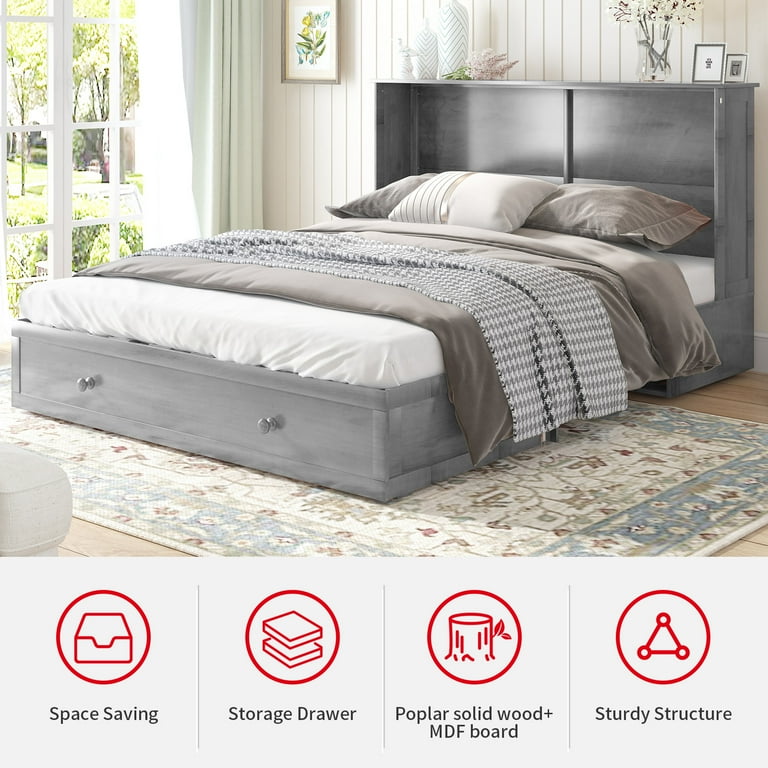 PUREMIND Murphy Bed Queen Size Hideaway Bed with Tri fold Mattress and Charging Socket Solid Wood Queen Bed with Storage Drawer for Living