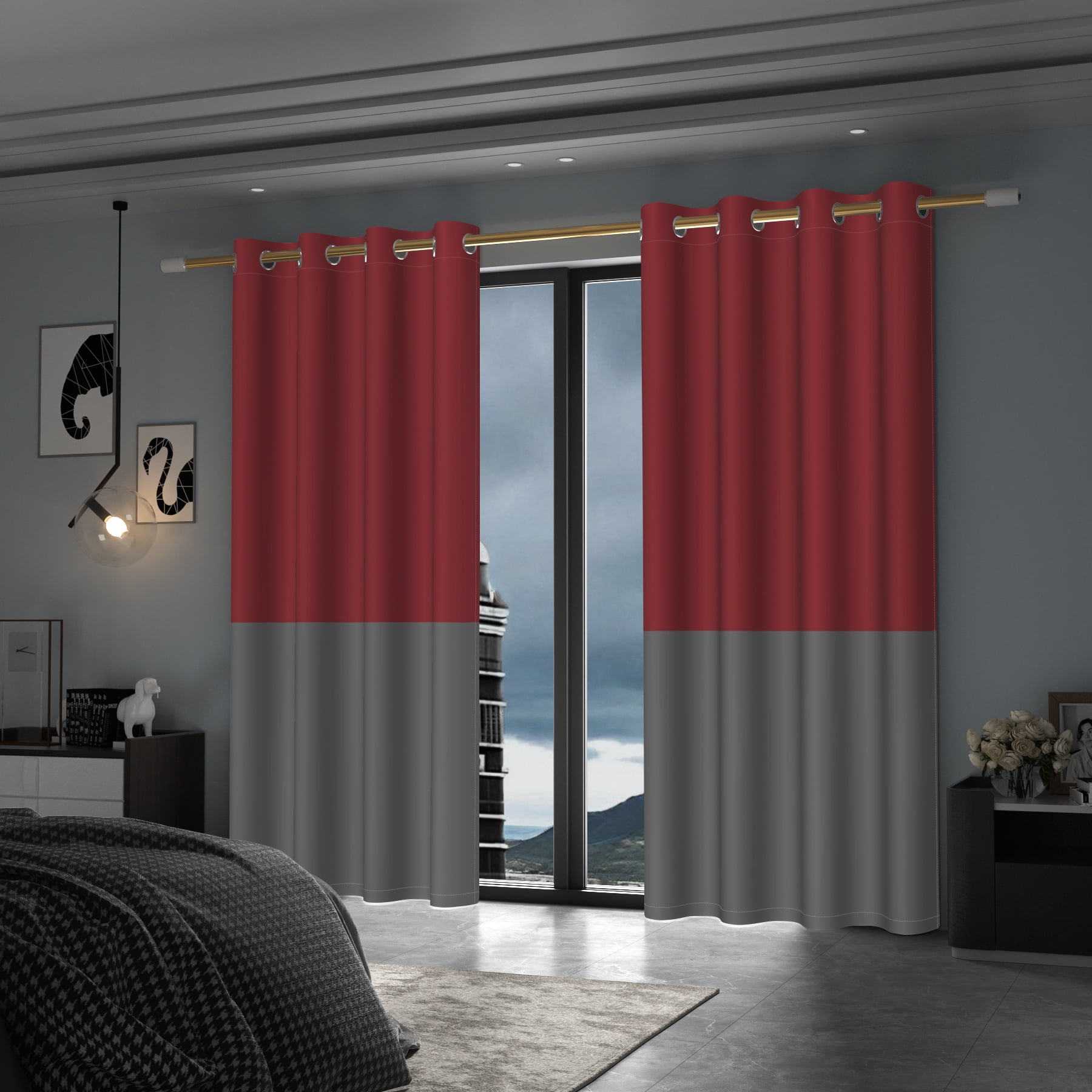 Lfeey Blackout Curtains for Bedrooms, Room Darkening, Dark Red and Black, 42x72 inch, 2 Panels